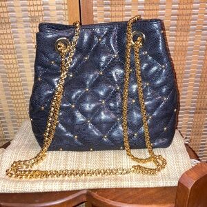 Vintage Black Quilted Studded Design Shoulder Bag with Gold-Tone Chain